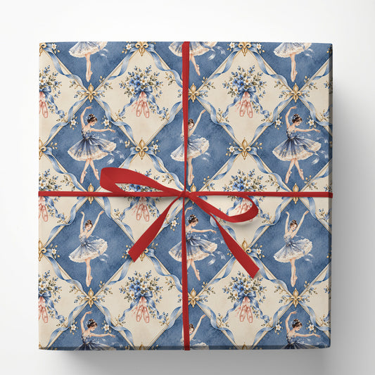 Vintage Ballerina Wrapping Paper, Elegant Blue Ballet Dancer And Floral Bow Pattern Wrapping Paper Rolls, Gift Wrap For Ballet Lover