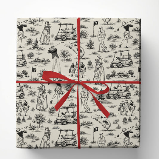 Vintage Golf Wrapping Paper, Black And White Golf Toile de Jouy Pattern Wrapping Paper Rolls, Gift Wrap For Golf Lover