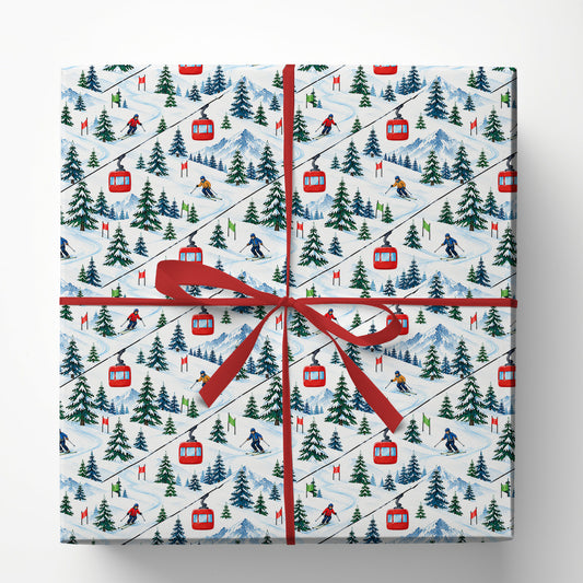 Ski Resort Wrapping Paper, Downhill Skiers, Red Gondolas And Snowy Mountains Wrapping Paper Rolls, Gift Wrap For Skiing Lover
