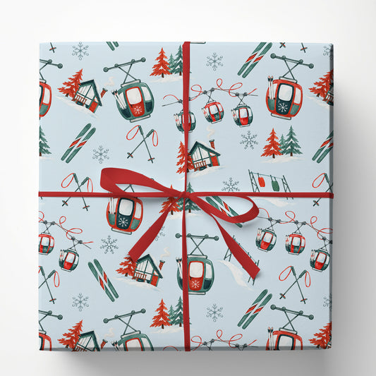 Ski Resort Wrapping Paper, Red And Green Gondolas, Skis And Snowy Chalets Wrapping Paper Rolls, Gift Wrap For Skiing Lover