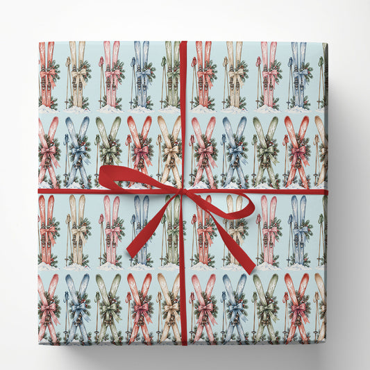 Vintage Ski Christmas Wrapping Paper, Watercolor Pastel Skis With Bows And Evergreen Greenery Wrapping Paper Rolls, Xmas Gift Wrap For Skiing Lover