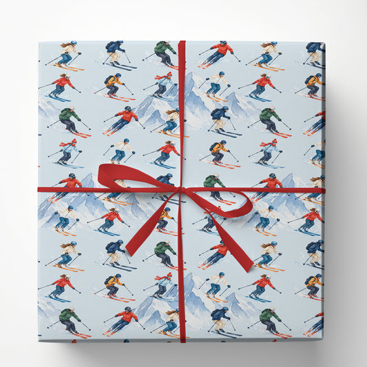 Skiing Wrapping Paper, Downhill Skiers And Snowy Mountains On Light Blue Wrapping Paper Rolls, Gift Wrap For Skiing Lover
