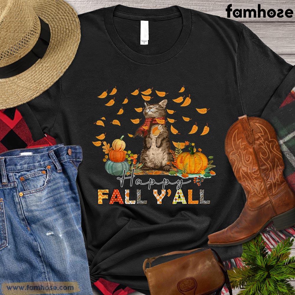 Thanksgiving Cat T-Shirt, It's Fall Y'all Cat Under A Tree, Gift for Cat lovers, Cat Owners, Cat Tees