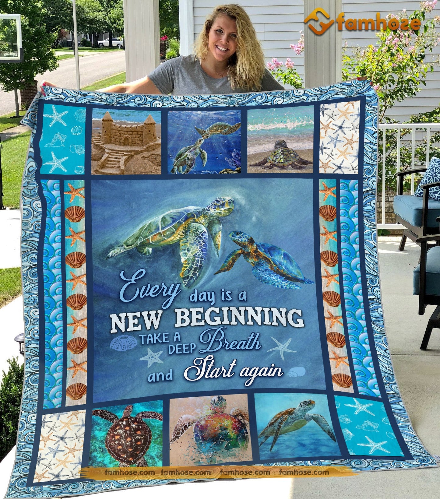 Motivation Turtle Blanket, Everyday Is A New Beginning Take A Deep Breath Start Again Fleece Blanket - Sherpa Blanket Gift For Turtle Lover, Turtle Owners