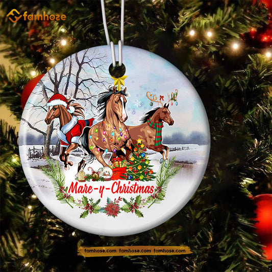 Christmas Horse Ornament, Mareychristmas Santa Hat Reindeer Scarf ELF Gift For Horse Lovers, Circle Ceramic Ornament