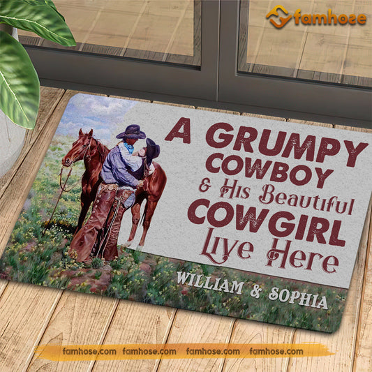 Personalized Cowboy Doormat, A Grumpy Cowboy His Beautiful Cowgirl Live Here Gift For Rodeo Lovers, New Home Gift, Housewarming Gift, Horse Decor