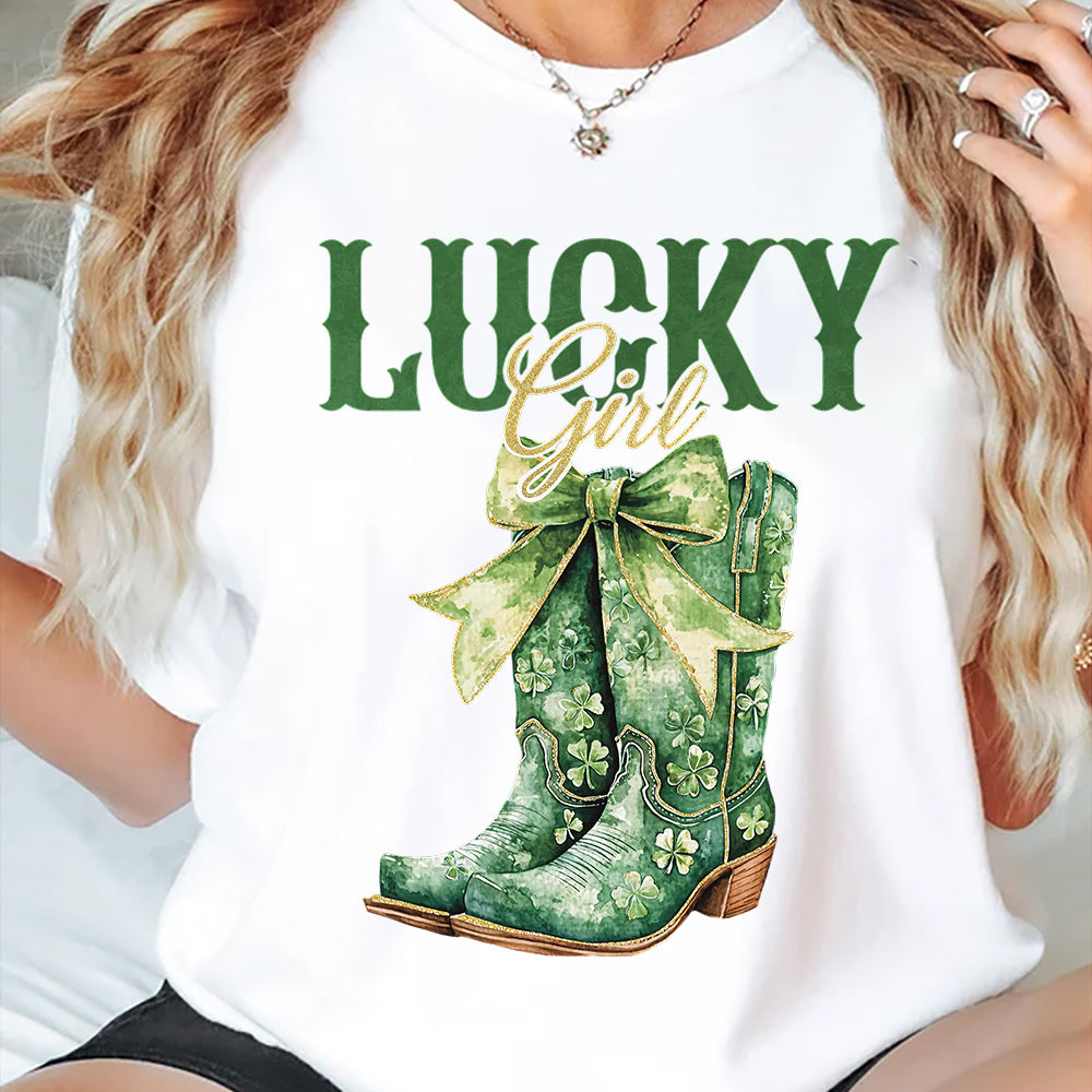 St. Patrick's Day Cowgirl T-shirt, Lucky Girl Green Shamrock, Patricks Day Gift For Horse Lovers