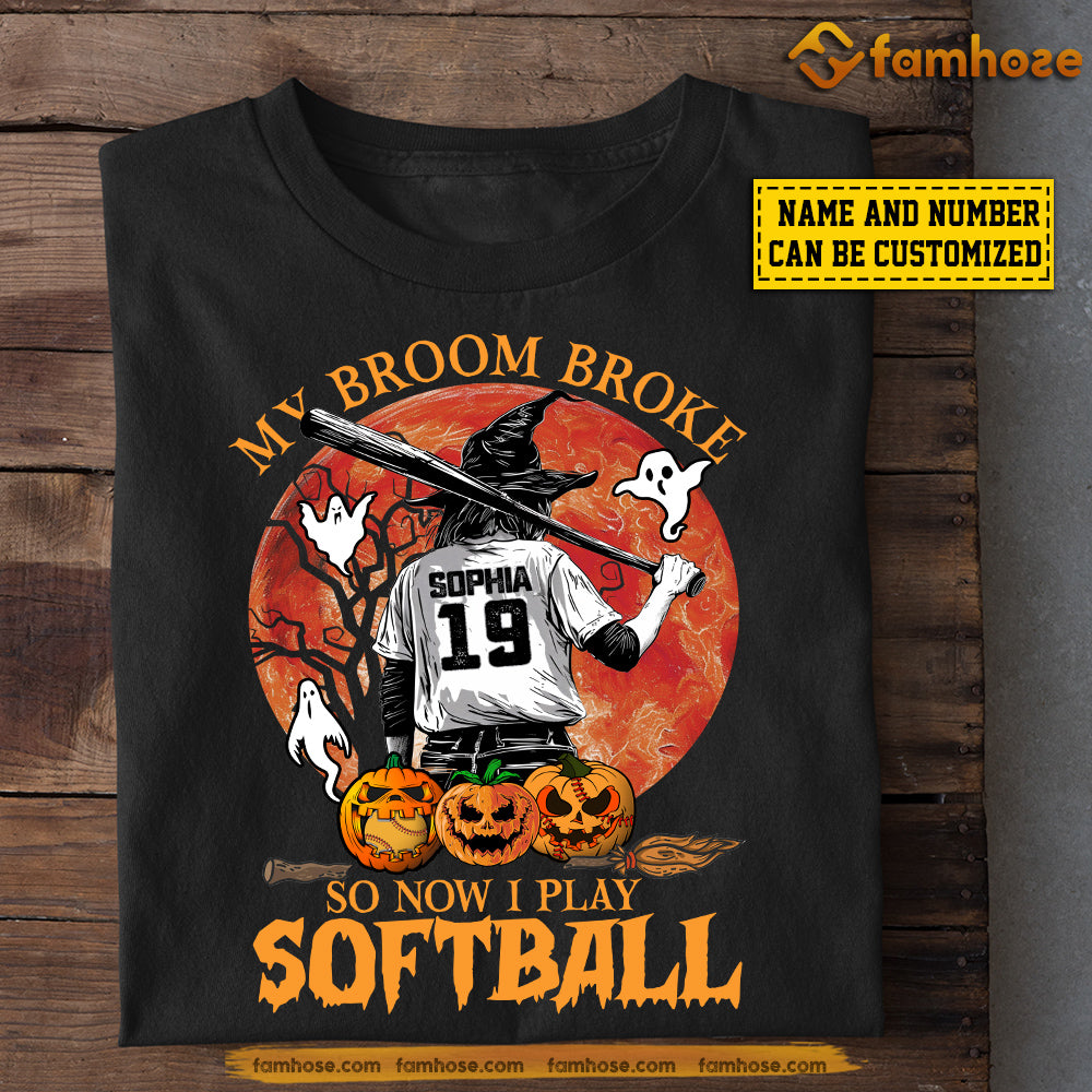 Personalized Halloween Softball Witch T-shirt, My Broom Broke So Now I Play, Gift For Softball Lovers, Softball Girls