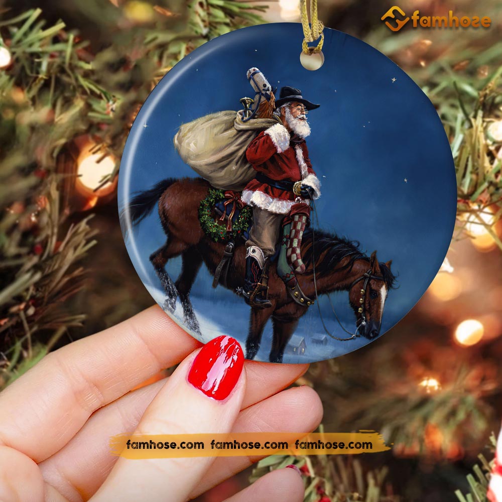 Christmas Horse Ornament, Santa Claus Ride Horse Gift For Horse Lovers, Circle Ceramic Ornament