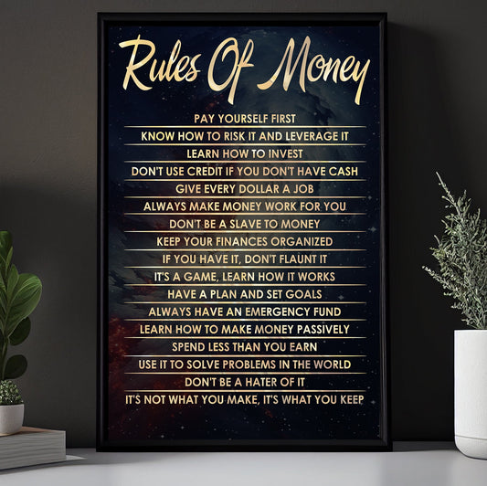 Rules Of Money, Motivated Canvas Painting, Inspirational Quotes Wall Art Decor, Poster Gift For Money Lovers