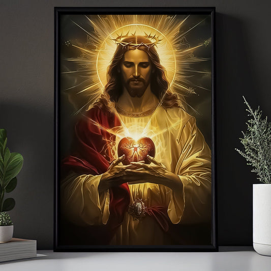 Sacred Heart Illumination, Jesus Canvas Painting, God Wall Art Decor, Poster Gift For Christian Lovers