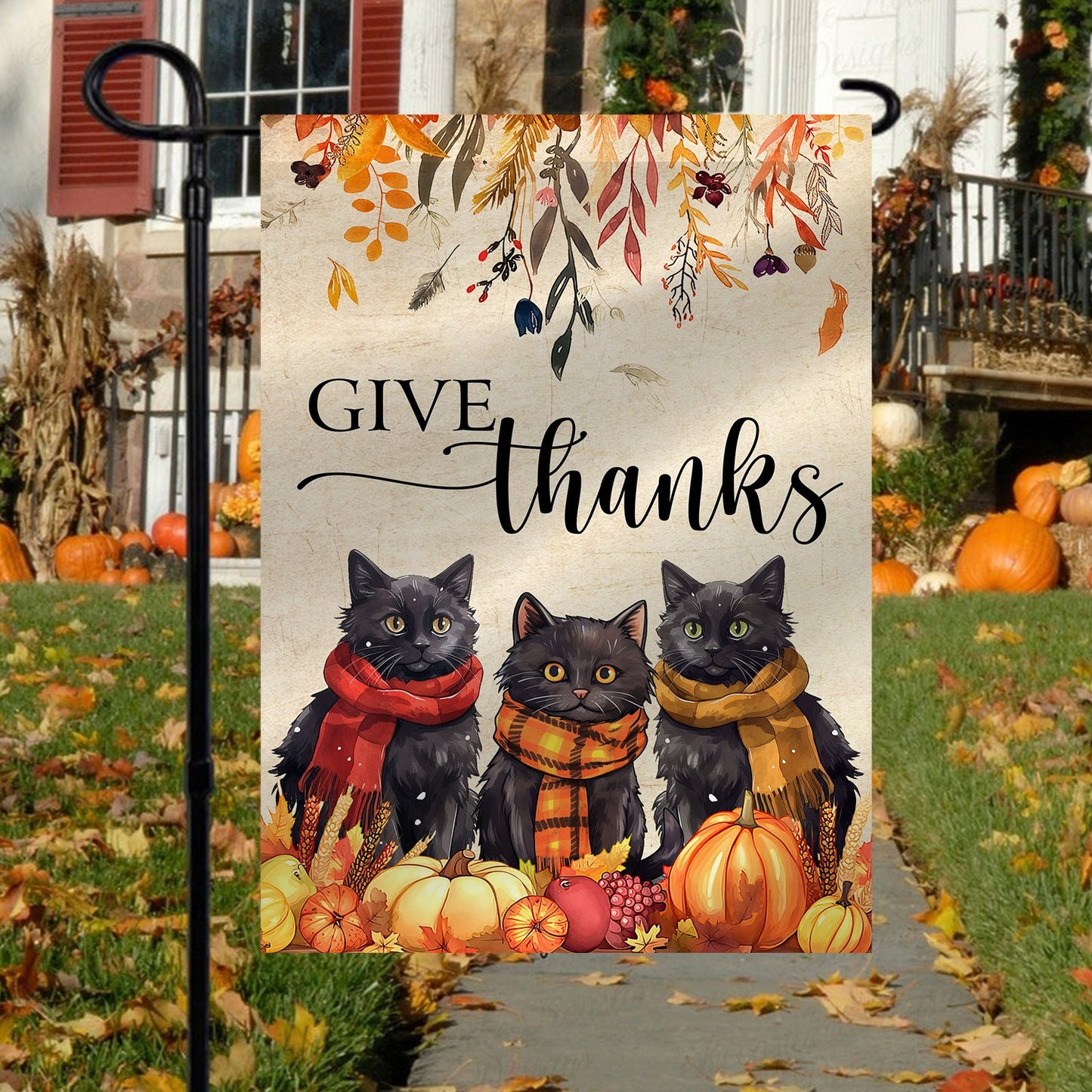 Black Cat Thanksgiving Flag, Givethanks, Garden Flag - House Flag Cat Decor, Gift For Cat Lovers, Cat Owners