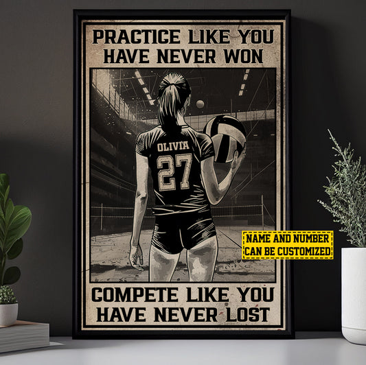 Personalized Motivational Volleyball Girl Canvas Painting, Practice Compete, Inspirational Quotes Wall Art Decor, Poster Gift For Volleyball Lovers