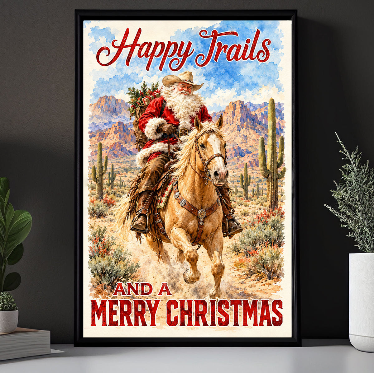 Christmas Trails Cowboy Quote Canvas Painting, Happy Trails And A Merry Christmas Wall Art Decor, Xmas Poster Gift For Cowboys