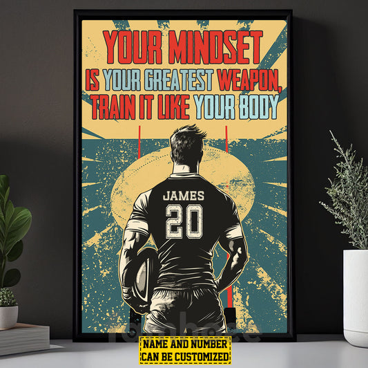 Motivational Personalized Rugby Man Canvas Painting, Your Mindset Is Your Greatest Weapon Sport Wall Art Decor, Poster Gift For Rugby Lovers