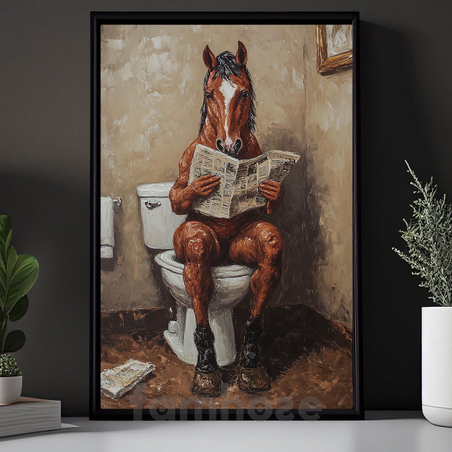 Funny Horse Toilet Canvas Painting, Horse Knows How To Use Toilet Bathroom Wall Art Decor, Restroom Poster Gift For Horse Lovers