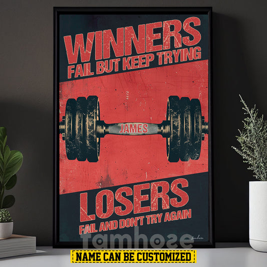 Personalized Gym Canvas Painting, Sports Quotes Wall Art Decor, Winners Fail But Keep Trying Poster Gift For Gym Lovers