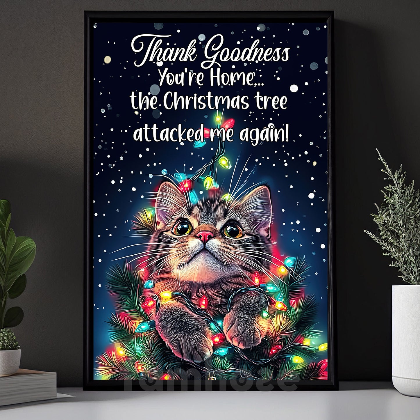 Funny Christmas Cat Canvas Painting, Thank Godness You're Home Wall Art Decor Xmas Poster Gift For Cat Lovers
