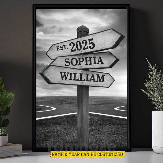 Personalized Couple Canvas Painting, Couple Direction Sign Wall Art Decor, Anniversary Poster Gift For Couple