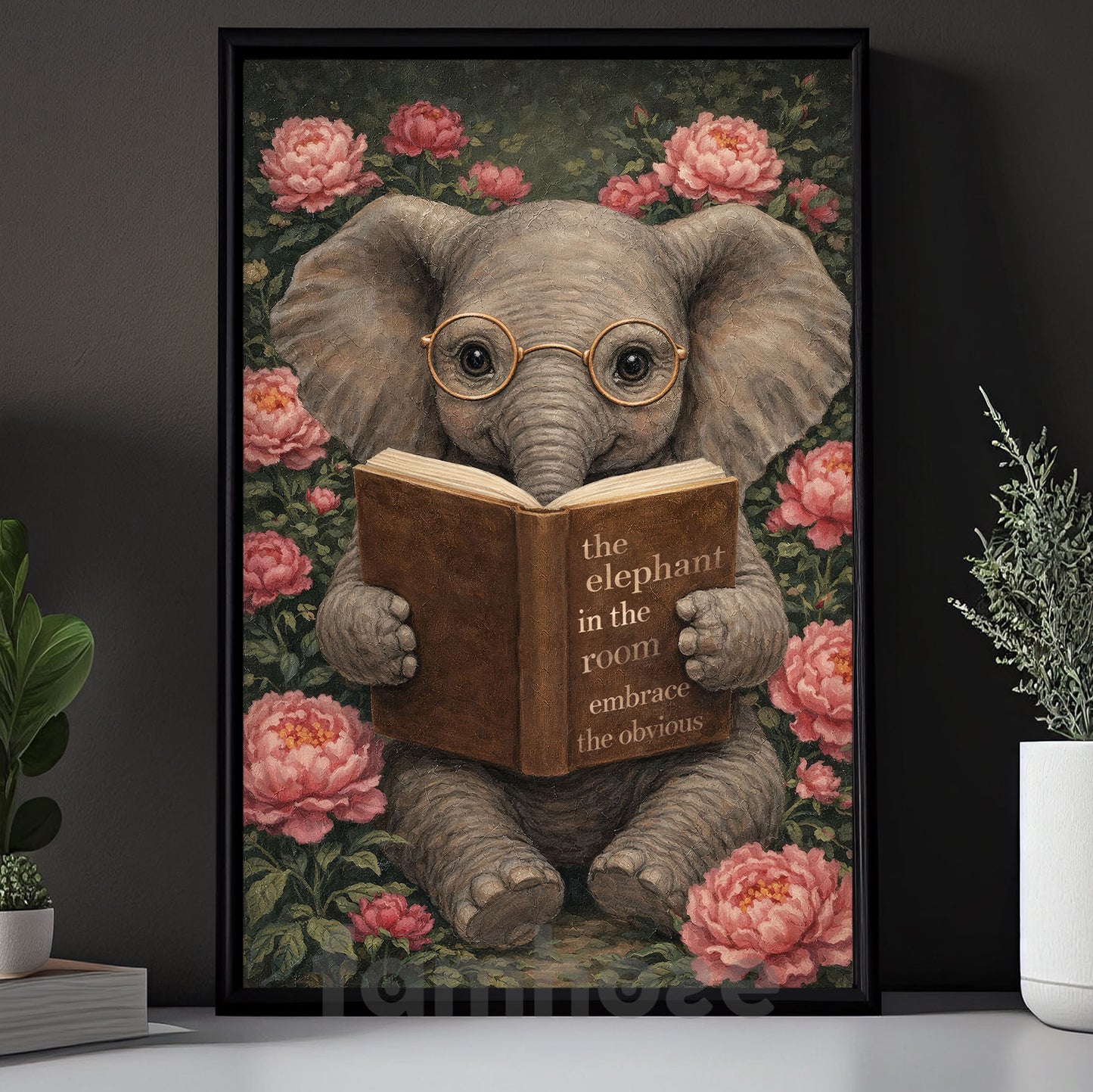 Cute Reading Elephant Canvas Painting, Bookworm Elephant Wall Art Decor, Poster Gift For Reading Lovers