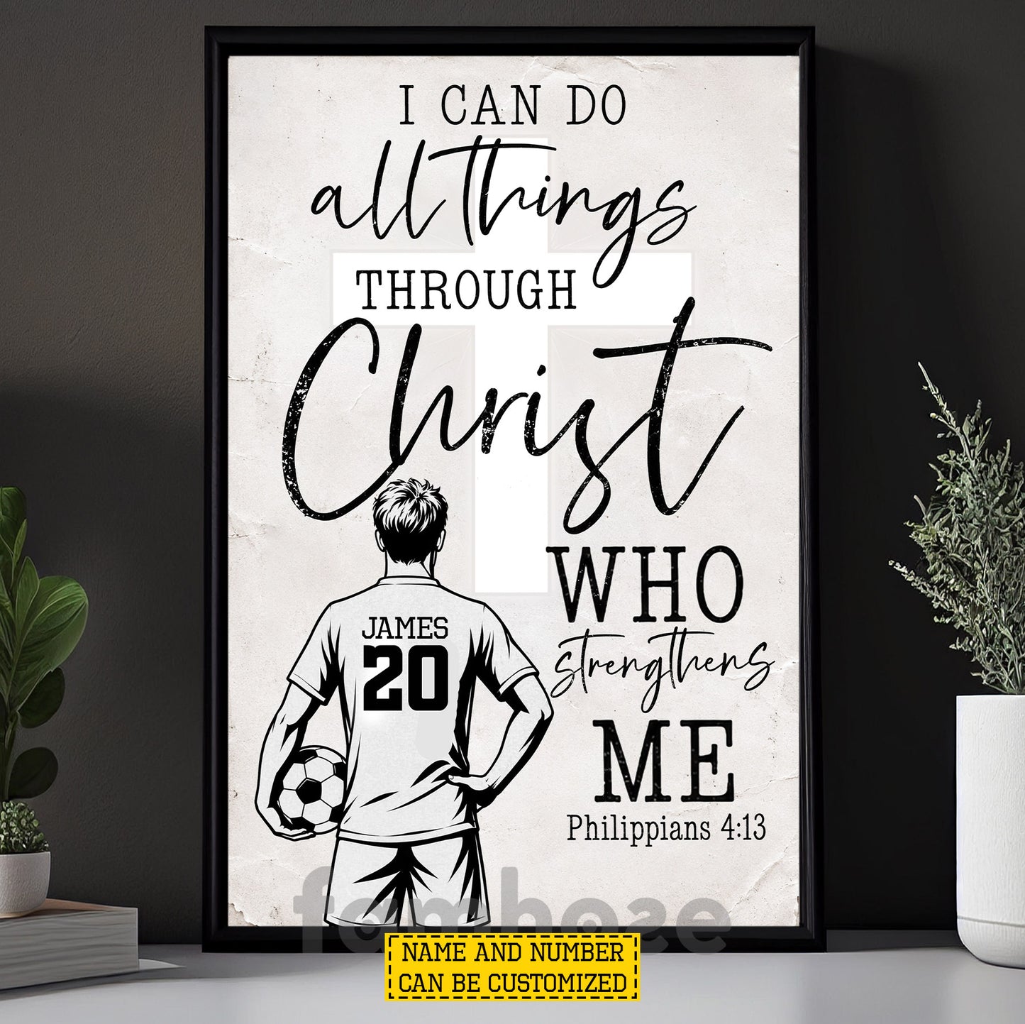 Personalized Soccer Man Jesus Canvas Painting, I Can Do All Things, Sports Quotes Wall Art Decor, Poster Gift For Christian, Soccer Lovers