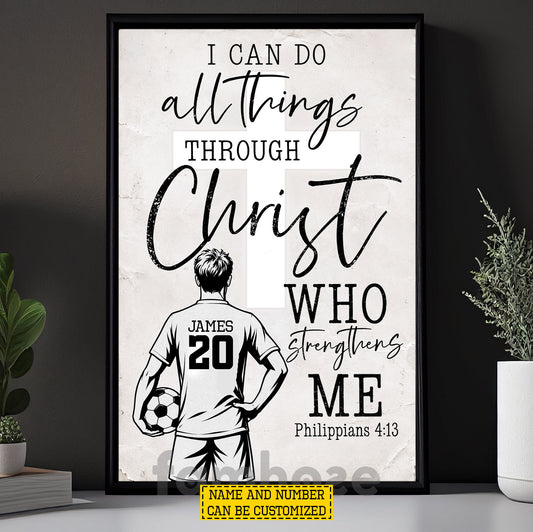 Personalized Soccer Man Jesus Canvas Painting, I Can Do All Things, Sports Quotes Wall Art Decor, Poster Gift For Christian, Soccer Lovers