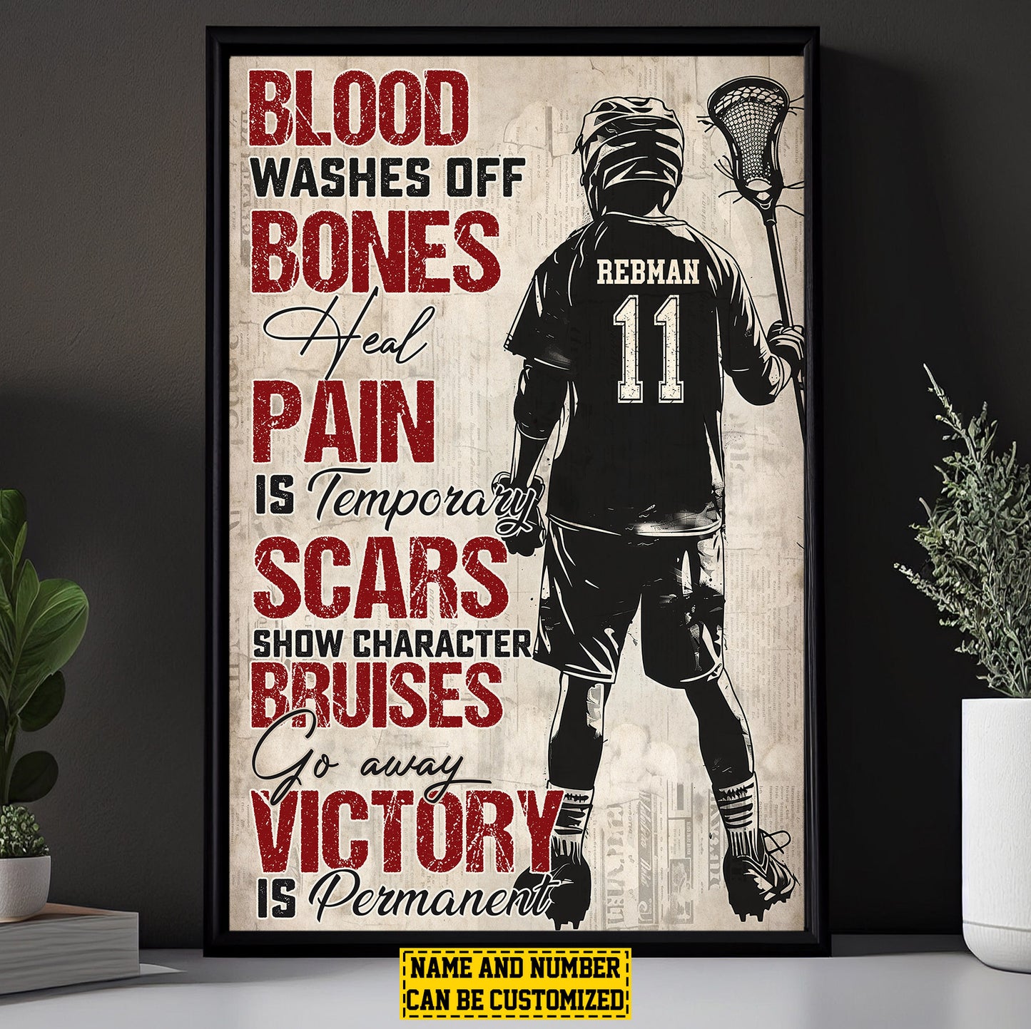 Personalized Motivational Lacrosse Canvas Painting, Blood Bones Pain Scars Victory, Sports Quotes Wall Art Decor, Poster Gift For Lacrosse Lovers, Lacrosse Boys