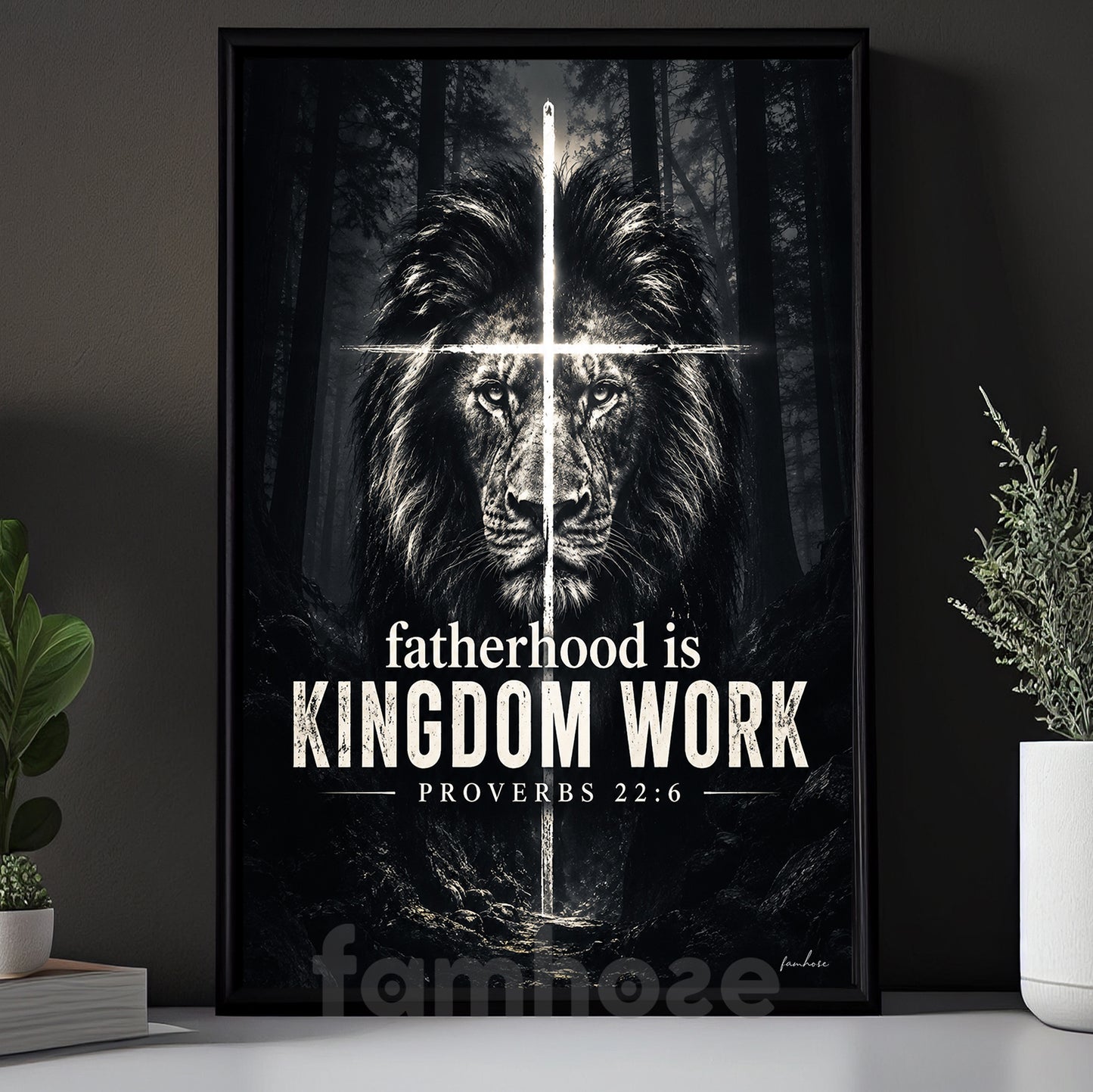 Jesus & Lion Canvas Painting, Fatherhood Is Kingdom Work Wall Art Decor, Poster Retro Style Gift For Christians, Lion Lover