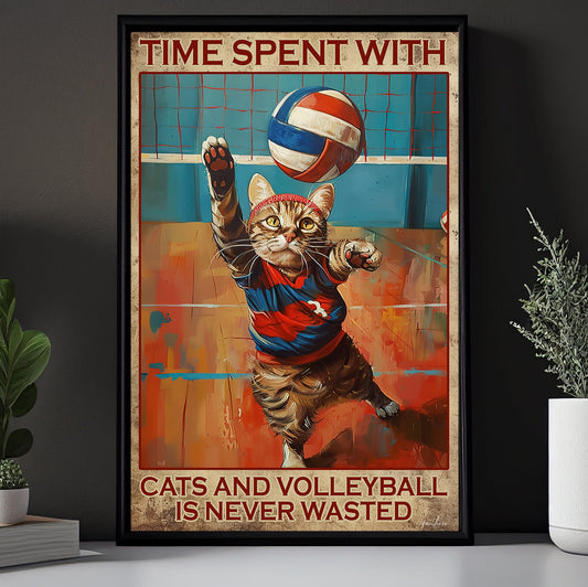 Time Spent With Cats And Volleyball, Funny Cat And Volleyball Canvas Painting, Inspirational Quotes Wall Art Decor, Poster Gift For Cat And Volleyball Lovers