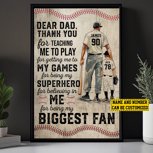 Personalized Baseball Boy Canvas Painting, Dear Dad Thank You For Teaching Me, Inspirational Quotes Baseball Wall Art Decor, Father's Day Poster Gift For Dad And Son