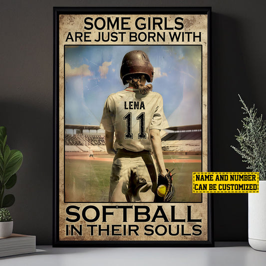 Personalized Motivational Softball Girl Canvas Painting, Some Girls Are Just Born With Softball, Inspirational Quotes Wall Art Decor, Poster Gift For Softball Woman Lovers