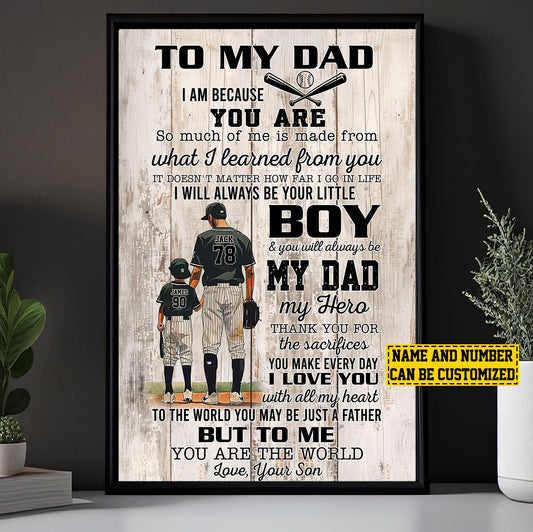 Personalized Baseball Boy Canvas Painting, To My Dad Your Little Boy, Inspirational Quotes Baseball Wall Art Decor, Father's Day Poster Gift For Dad From Son
