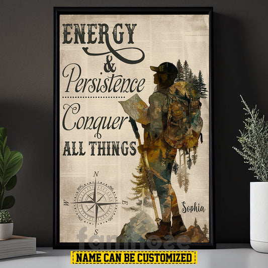 Motivational Personalized Hiking Woman Canvas Painting, Enery & Persistence Wall Art Decor, Poster Gift For Hiking Lovers