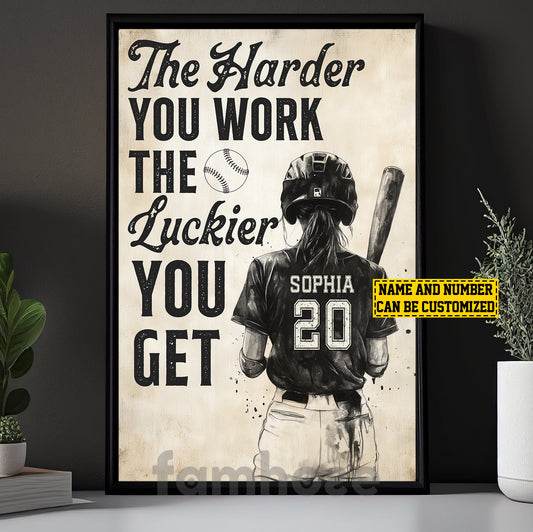 Personalized Softball Girl Canvas Painting, The Harder You Work Sport Wall Art Decor, Poster Gift For Softball Lovers