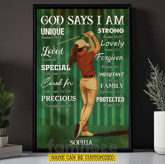 Personalized Golf Girl Canvas Painting, God Says I Am Sport Wall Art Decor, Poster Gift For Golf Lover