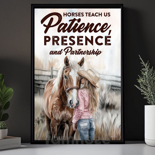 Horse Riding Girl Canvas Painting, Horses Teach Us Patience Presence And Partnership Wall Art Decor, Poster Gift For Horse Girl
