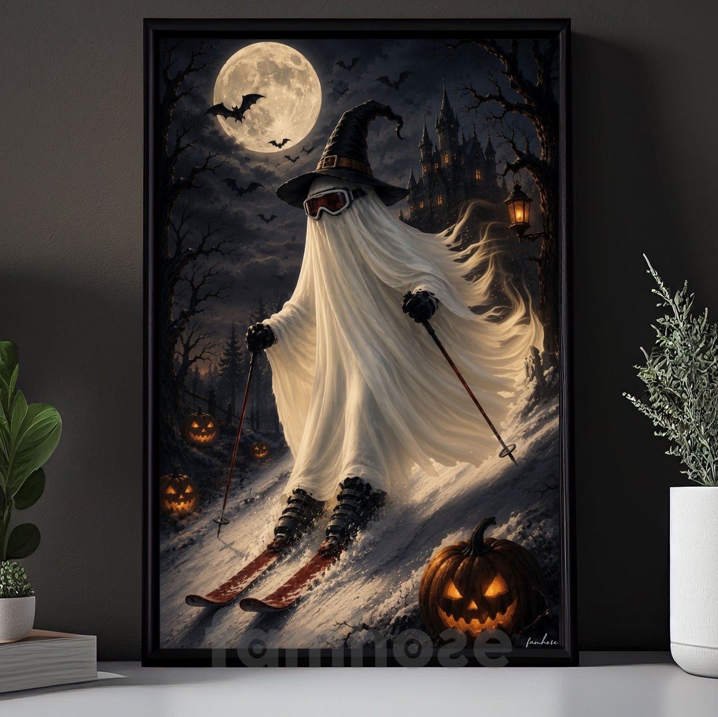 Halloween Skiing Ghost Canvas Painting, No Body, No Problem, Just Ski Wall Art Decor, Spooky Season Poster Gift For Skiing Lover