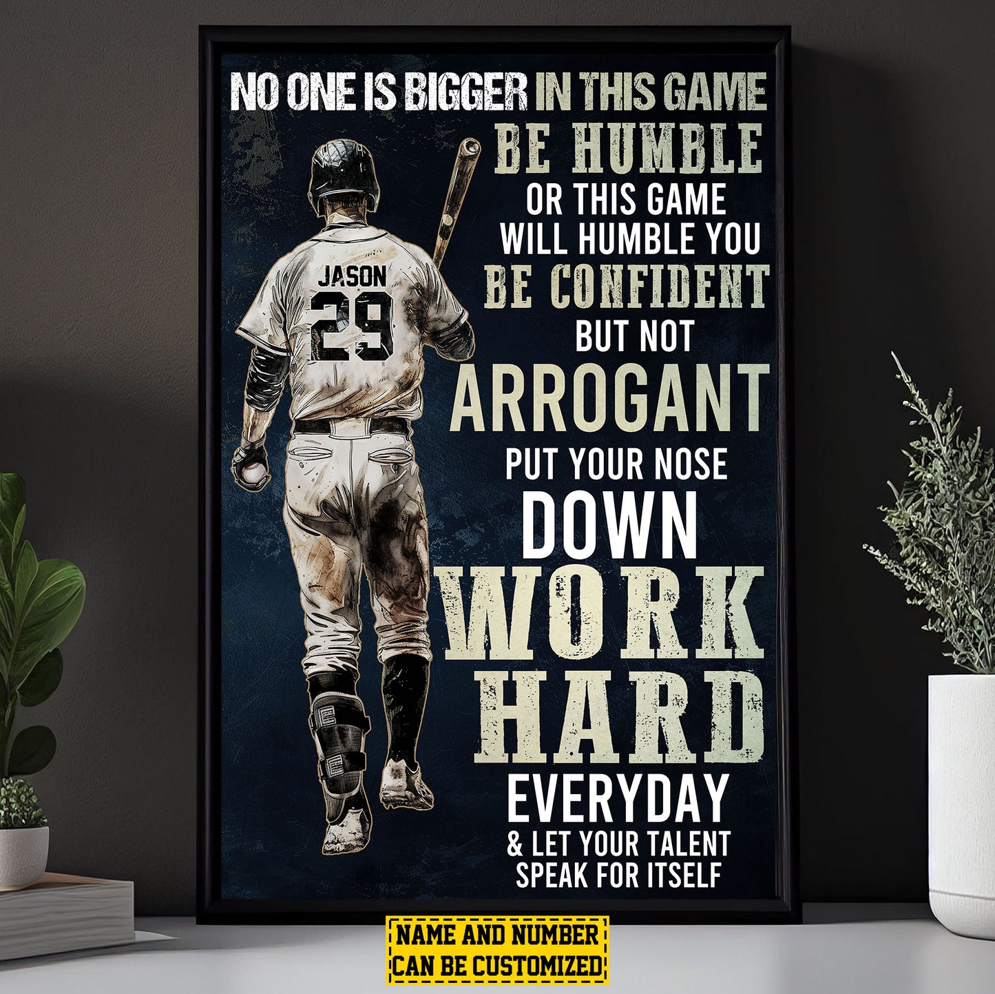 Work Hard Every Day, Personalized Baseball Boy Canvas Painting, Sports Quotes Wall Art Decor, Poster Gift For Baseball Lovers, Baseball Boys