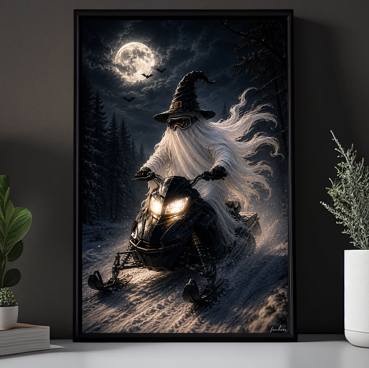 Halloween Snowmobile Ghost Canvas Painting, Midnight Ride Through the Haunted Snow Wall Art Decor, Spooky Season Poster Gift For Snowmobiling Lover