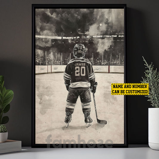 Personalized Hockey Kid Boy Canvas Painting, Hockey Player On Ice Wall Art Decor, Poster Gift For Hockey Lovers