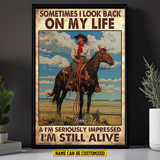 Look Back On My Life, Personalized Motivational Cowboy Canvas Painting, Horse Quotes Wall Art Decor, Gift For Cowboy Lovers, Horse Lovers