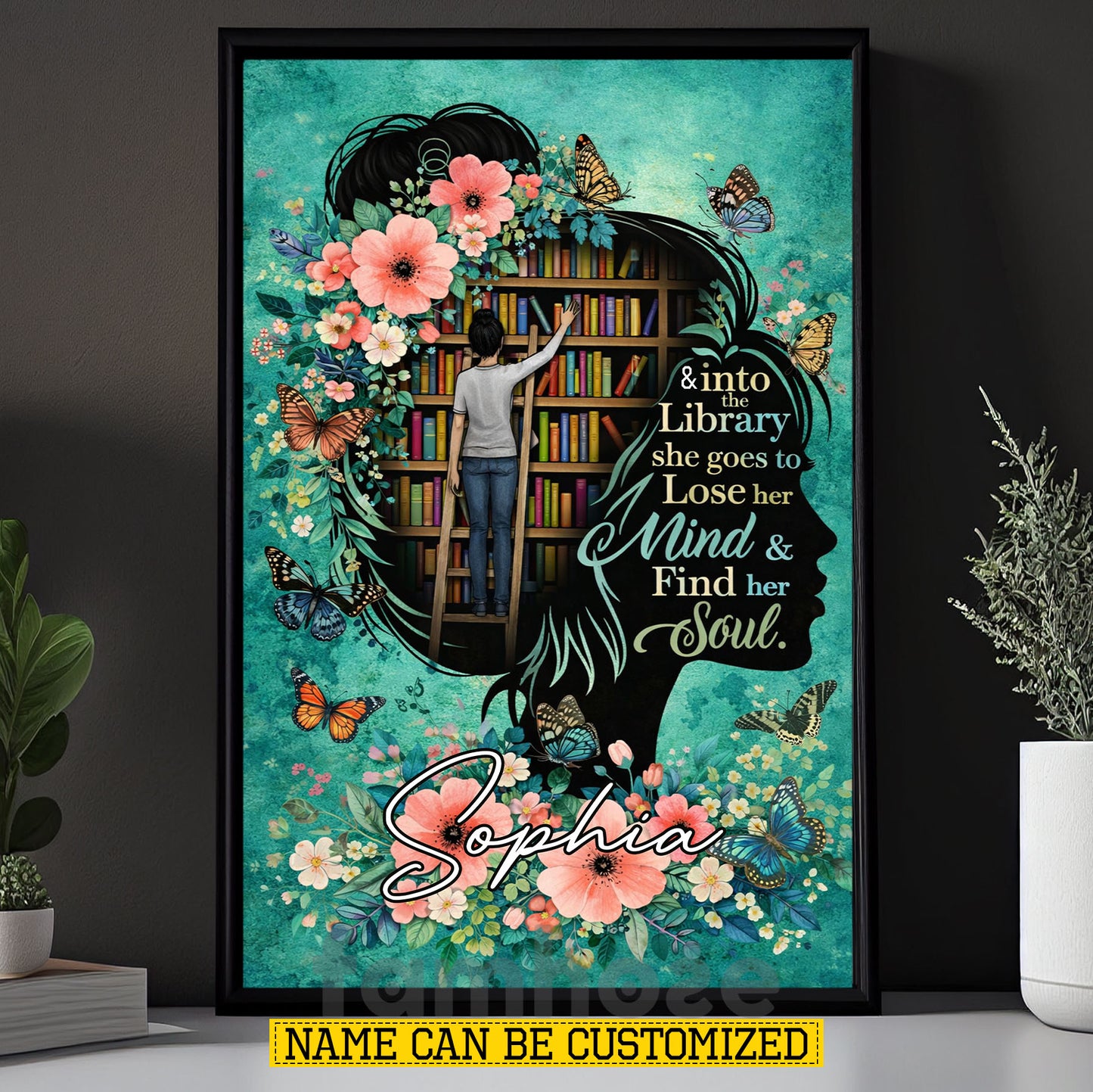 Personalized Book Girl Canvas Painting, & Into The Library Wall Art Decor, Poster Gift For Reading Lovers