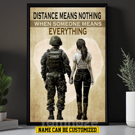 Vintage Personalized Couple Army Canvas Painting, Distance Means Nothing Romantic Quote Wall Art Decor, Poster Valentine's Day Gift For Army-Loving Couple