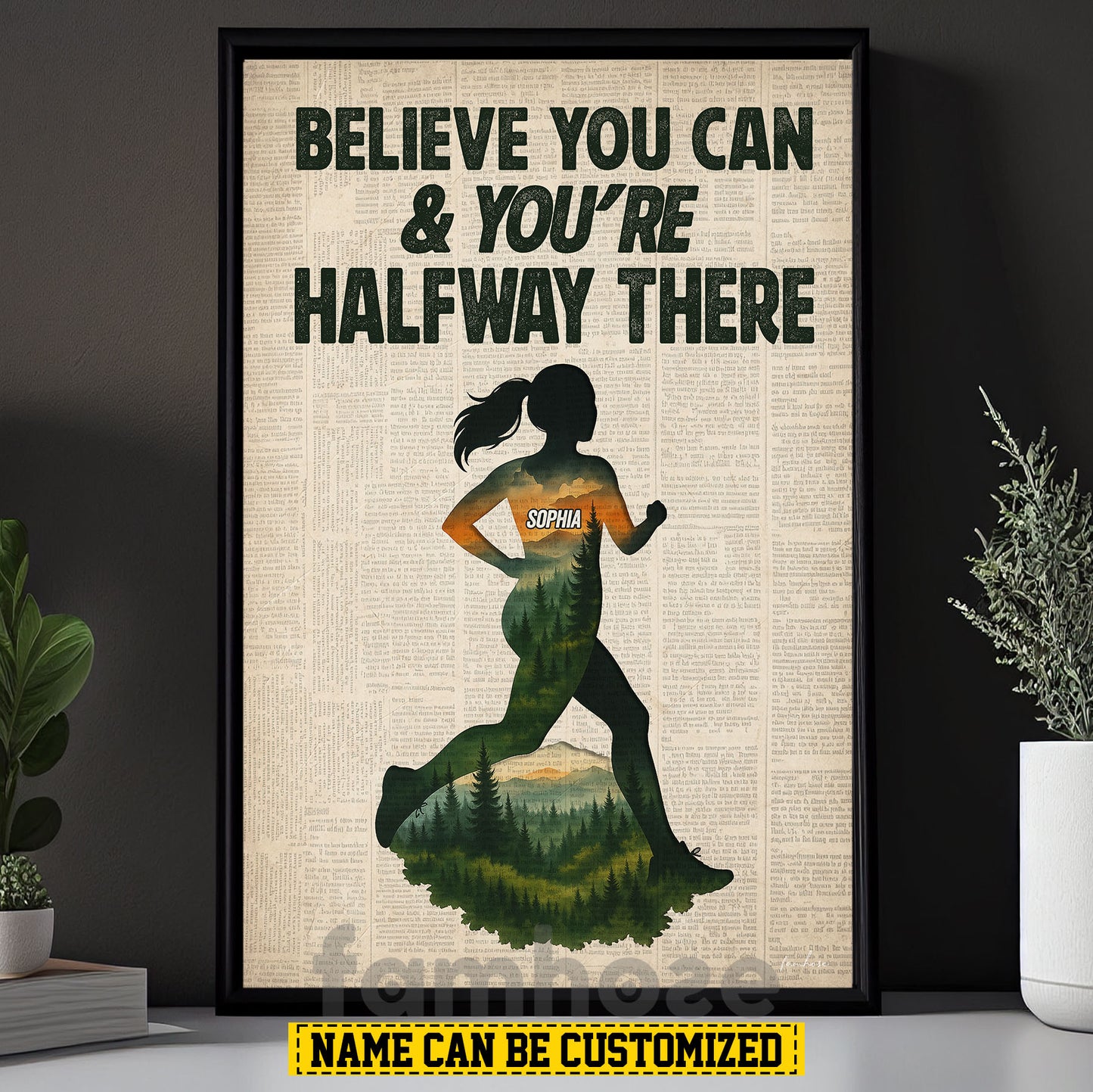 Motivational Personalized Running Woman Canvas Painting, Believe You Can & You're Halfway There Sports Wall Art Decor, Poster Gift For Running Lovers