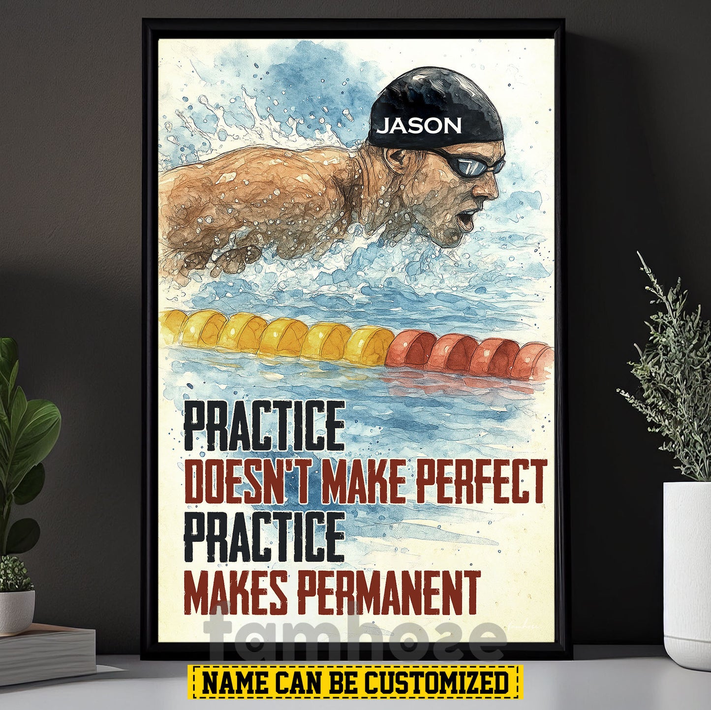 Motivational Personalized Swimming Man Canvas Painting, Practice Doesn't Make Perfect Sport Wall Art Decor, Poster Gift For Swimming Lovers