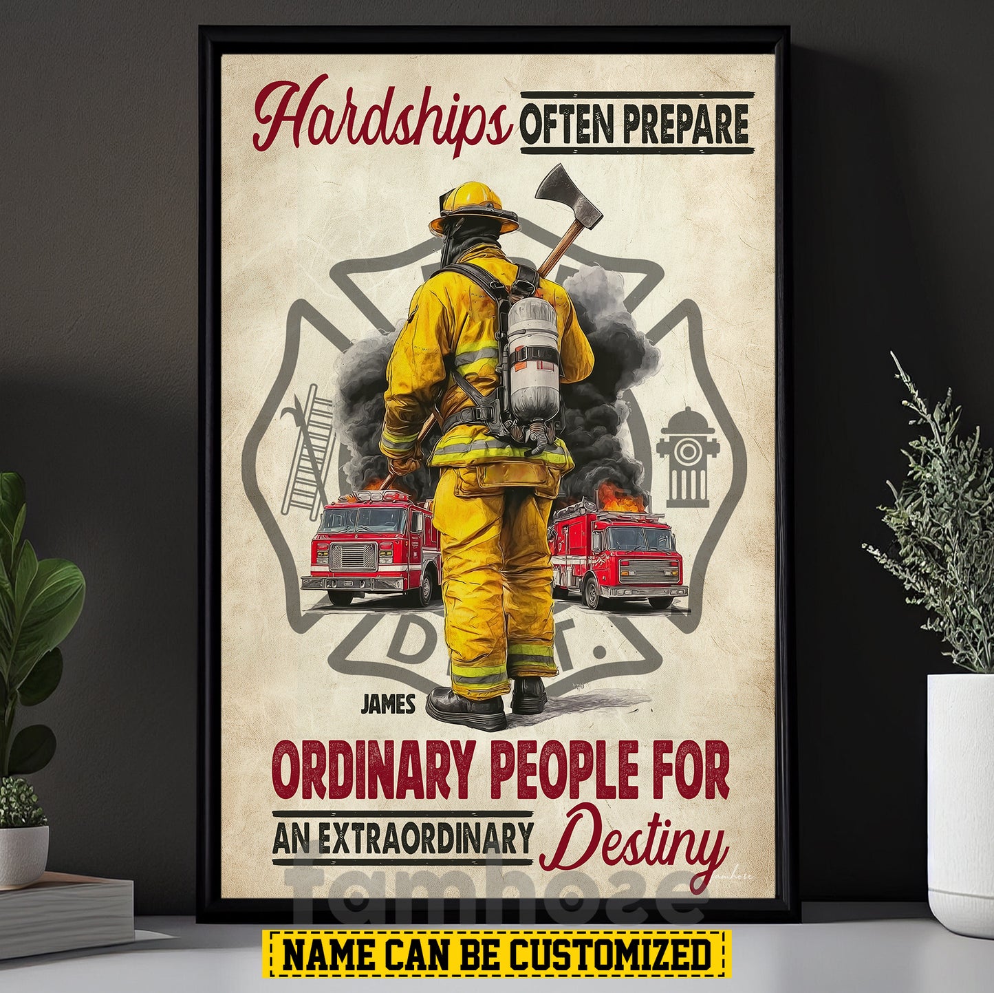 Personalized Firefighter Man Canvas Painting, Hardships Often Prepare Ordinary People Wall Art Decor, Poster Gift For Firefighter Lovers