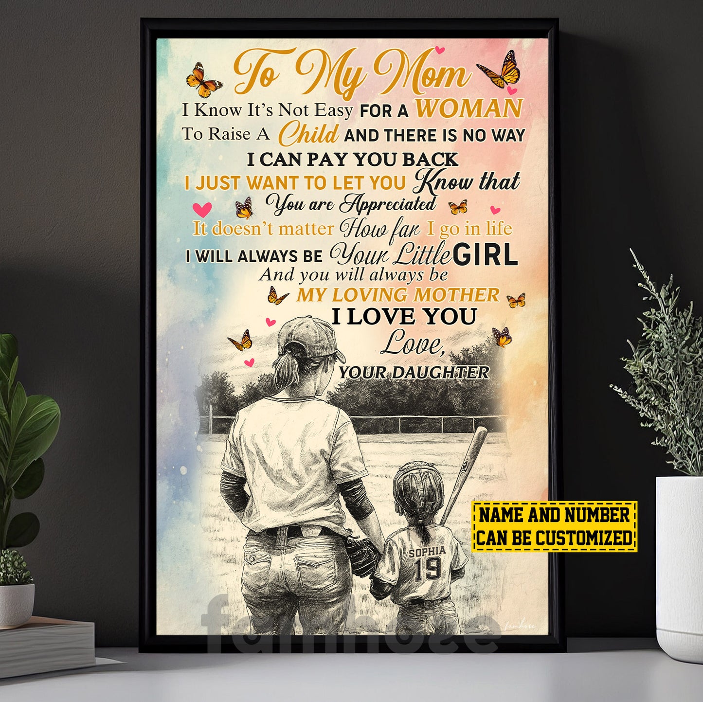 Personalized Softball Mom & Daughter Canvas Painting, To My Mom I Know It's Not Easy Sport Wall Art Decor, Poster Mother's Day Gift For Mom From Softball Girl