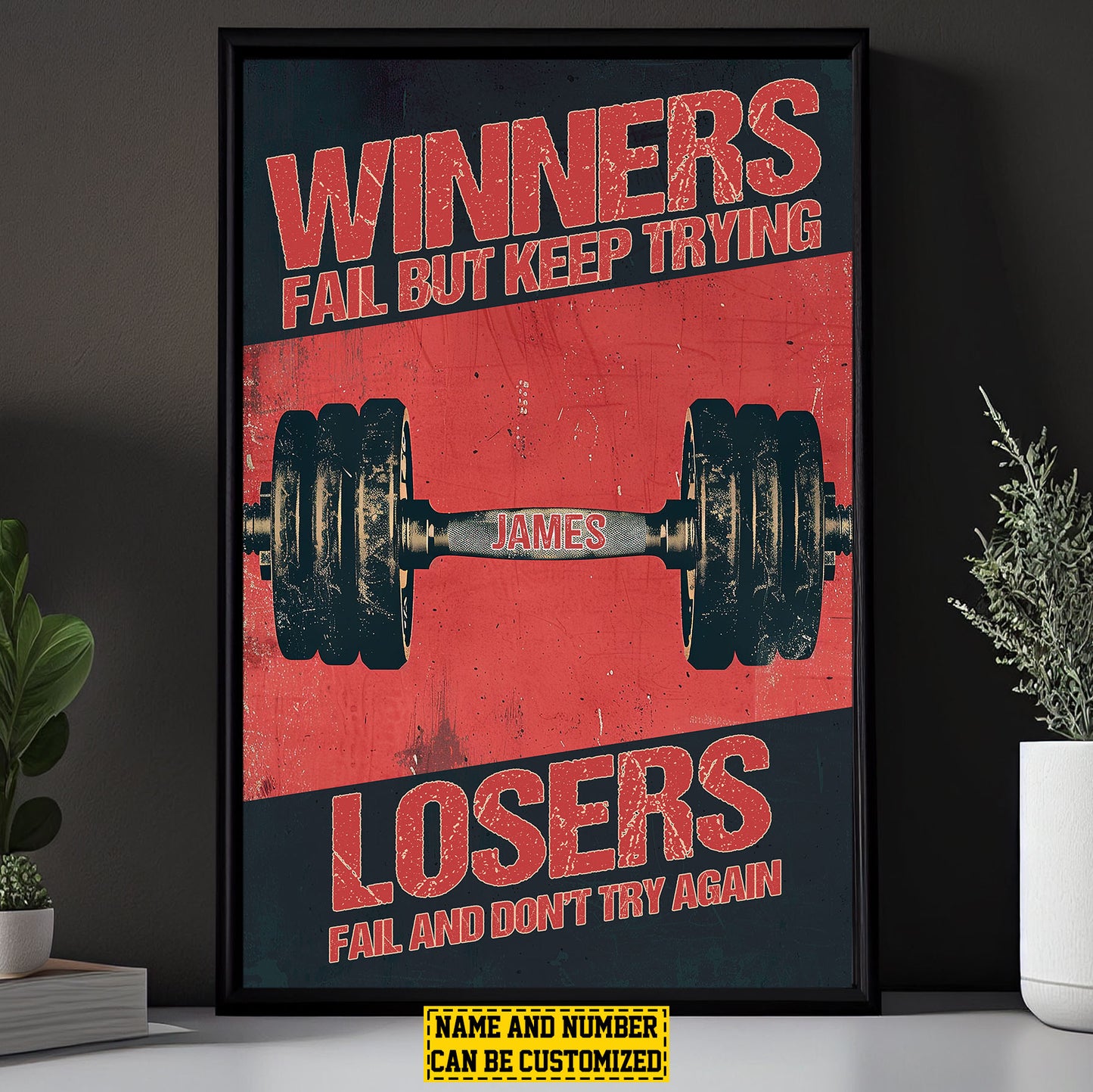 Personalized Gym Canvas Painting, Sports Quotes Wall Art Decor, Winners Fail But Keep Trying Poster Gift For Gym Lovers