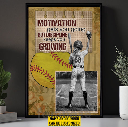 Personalized Softball Woman Canvas Painting, Motivation Gets You Going Sport Wall Art Decor, Poster Gift For Softball Lovers