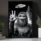 Funny Bigfoot UFO Illustration Canvas Painting, Sasquatch Alien Encounter Wall Art Decor, Poster Gift For Bigfoot Lover